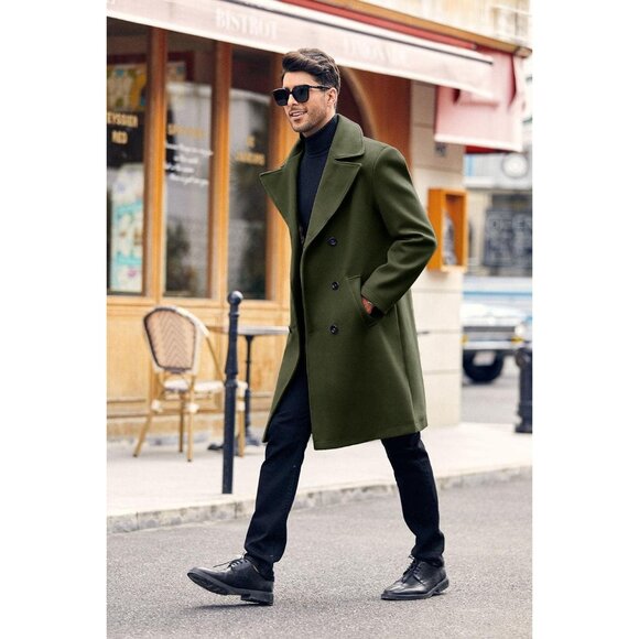 Men's Army Green Double Breasted Trench Coat Collar Business Winter Long Coats - Picture 2 of 5